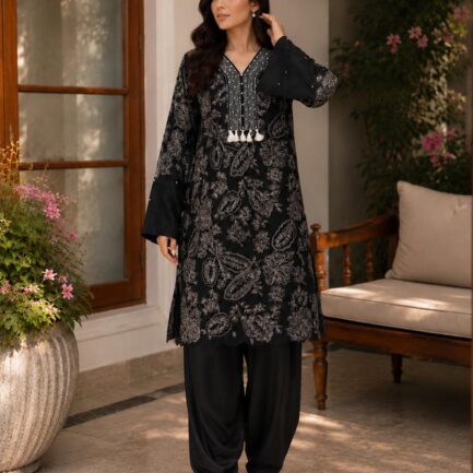 Black Embroidered Short Shirt with Farshi Shalwar