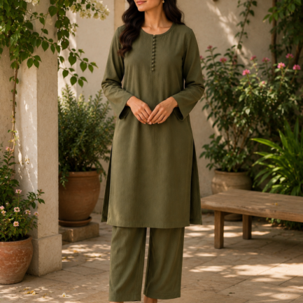 Green kurta trouser-crinkle textured